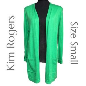 Kim Rogers - Open Front Cardigan - Green Knit - Pockets - Roll‑Tab - Size Small